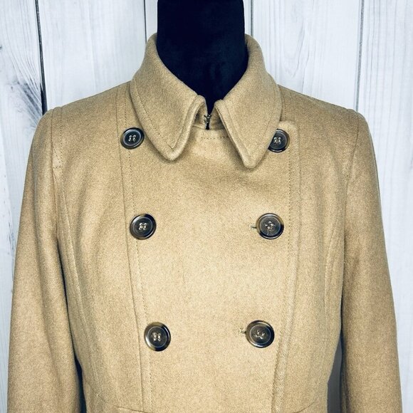 J Crew Coat Womens Sz 8 Tan Wool Blend Double Breasted Peacoat Classic - Picture 2 of 10